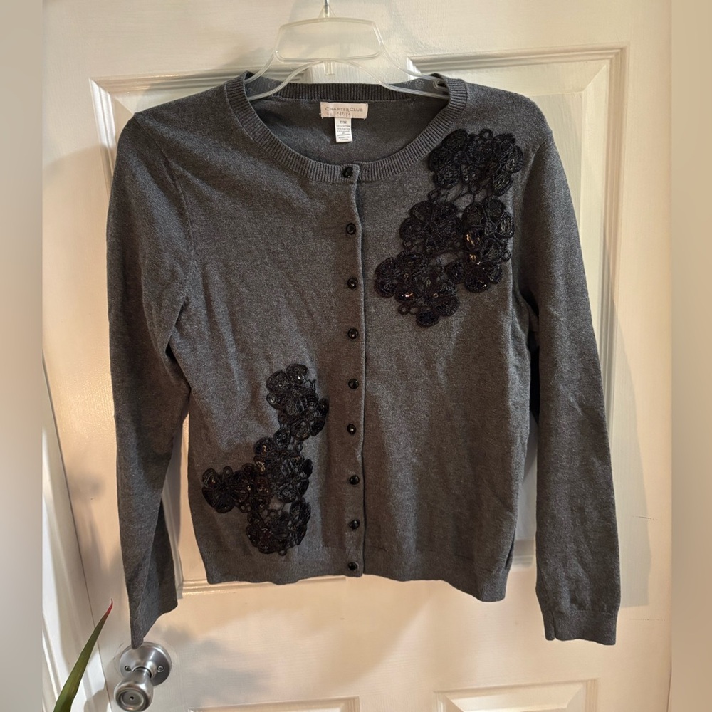 Charter Club Gray Cardigan with Black Floral Sequin Accents Vintage Throwback, M